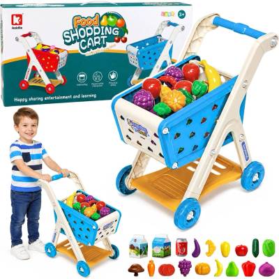 LEAN Toys Dětský nákupní vozík s potravinami a doplňky, modrý 26 dílů