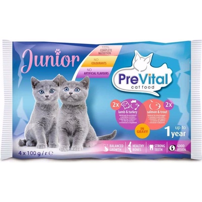 PreVital Cat Junior jehněčí krůtí losos pstruh v omáčce 4 x 100 g