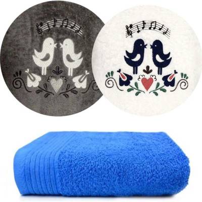 Zelenáčky ručník s výšivkou ptáčci a noty bavlna 50 x 100 cm modrá royal