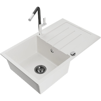 Mexen Bruno гранитна кухненска мивка с една камера и отцедник и кухненски смесител Flora, бял - 6513-20-670401-07-B (6513-20-670401-07-B)