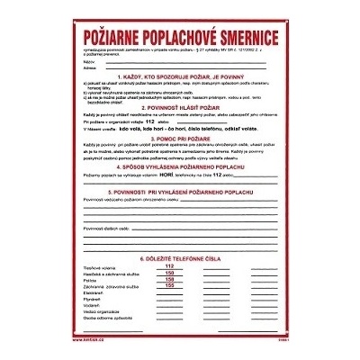 Tabuľka plastová Požiarne poplachové smernice 210x297mm