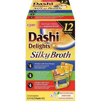 INABA Ciao Broth doplnkové krmivo pre mačky, vývar s príchuťou kuraciny, lososa, tuniaka a mušlí, 12 x 40 g