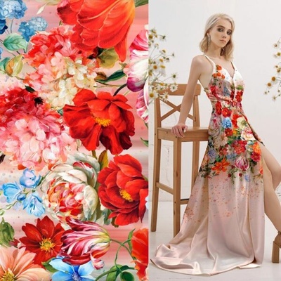 Satén B0289 bílý, květinová bordura, š.140