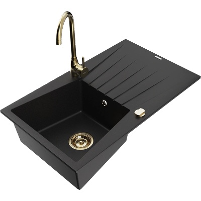 Mexen Cesar гранитна мивка с 1 отделение и отцедник и кухненски смесител Telma, черен - 6514-77-670200-50 (6514-77-670200-50)