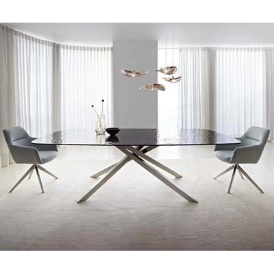 DELIFE Edge oválný 240 x 120 sklo s reliéfem kouřově černé 3D design křížová podnož nerezová ocel