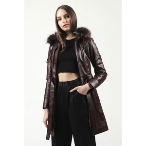 Jacket Club Дамски шлифер от естествена кожа yb-2334 - Бордо #318021 (318021_Кафяво)