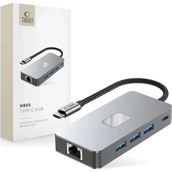 Tech-Protect HB05 HUB 9in1 USB-C + USB2.0 + USB3.0 + HDMI 4K 60HZ + SD / TF + PD100W + RJ45 адаптер - сив (5906302360543)