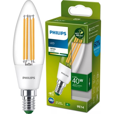 Philips 8719514435759 LED filamentová žiarovka 1x2,3W/40W E14 485lm 3000K- číra, Ultra Efficient
