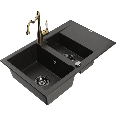 Mexen Gaspar гранитна мивка 1, 5 камери с отцедник и кухненски смесител Carla черно/златен металик - 6507-75-670700-50-B (6507-75-670700-50-B)