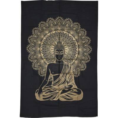 Sanu Babu přehoz na postel s tiskem černý zlatý tisk Buddha 138 x 201 cm