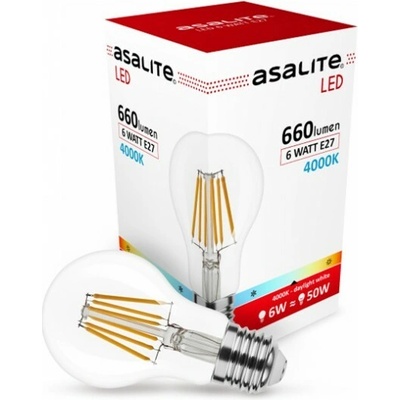 Asalite ASAL0123 LED žiarovka E27 6 W filament klasická banka sklenená K 4000
