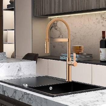 Inter Ceramic Стоящ смесител за кухня, Inter Ceramic, ICF 7169184BRUSH ROSE GOLD, със силиконов чучур (7169184BRUSH ROSE GOLD)