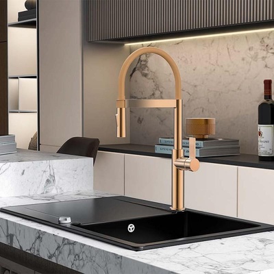 Inter Ceramic Стоящ смесител за кухня, Inter Ceramic, ICF 7169184BRUSH ROSE GOLD, със силиконов чучур (7169184BRUSH ROSE GOLD)