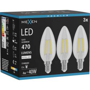 Mexen Vintis 3x LED филамент крушка E14, C35, 4W, Неутрална - 4000K, 470 lm, прозрачна - (L154-E14-0440-00x03)