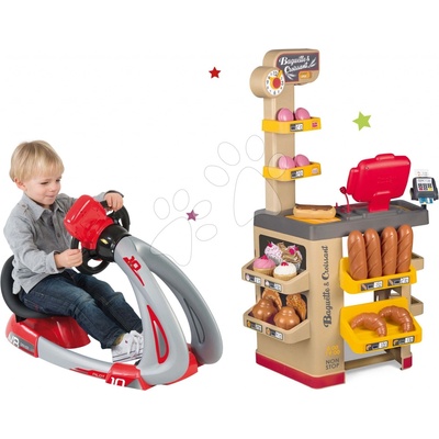 Smoby Set pekáreň s koláčmi Baguette&Croissant Bakery s elektronickou pokladňou a trenažér V8 Driver so zvukom a pohyblivou mapou