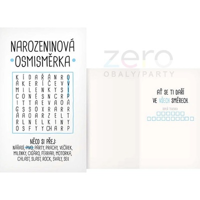 Přání s textem narozeninové vtipné + obálka - osmisměrka modrá
