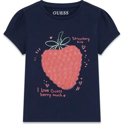 GUESS Тъмно синя тениска за мини момиче с текстилна ягодка Guess