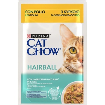 Purina cat chow hairball control, за космени топки с Пиле и Зелен фасул, Мокра храна, Пауч в сос 85гр