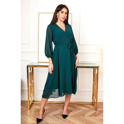 Dámské zavinovací šaty KASANDRA midi 3/4 rukáv zelené Zelená Smaragdová 0040008
