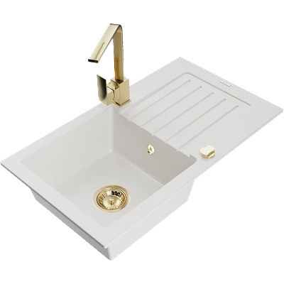 Mexen Pablo гранитна мивка с 1 отделение с отцеденик и кухненски смесител Rita, бял - 6510-20-670300-50 (6510-20-670300-50)