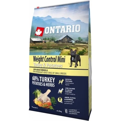 ONTARIO Mini Weight Control Turkey & Potatoes - пълноценна храна за пораснали кучета от малки породи, страдащи от наднормено тегло с пуйка и картофи 6, 5 кг, Чехия 214-12547