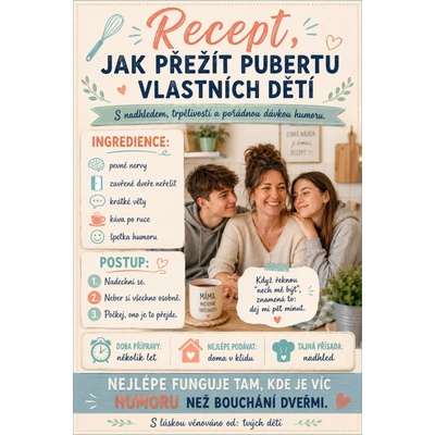 Bezvadary.cz | Vtipný dárek pro rodiče s vlastní fotkou – recept jak přežít pubertu dětí - A5 (21x15cm) recept 57