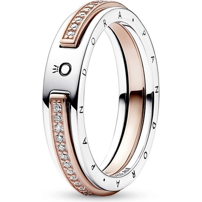 Pandora bicolor prsteň so zirkónmi Signature Logo 182773C01