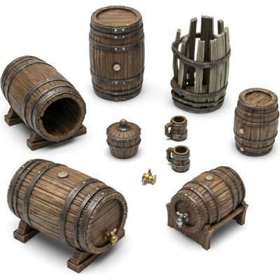 Green Stuff World Wooden Barrels 3D printed set - 14x 3D tištěné dřevěné sudy 1:35
