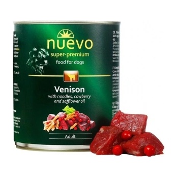 nuevo Adult - Консервирана храна с месо от елен с паста и боровинки за израснали кучета, 800 гр