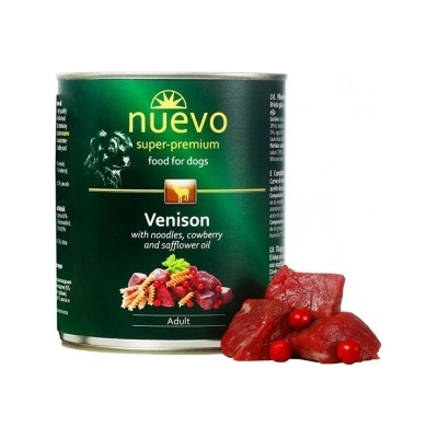 nuevo Adult - Консервирана храна с месо от елен с паста и боровинки за израснали кучета, 800 гр