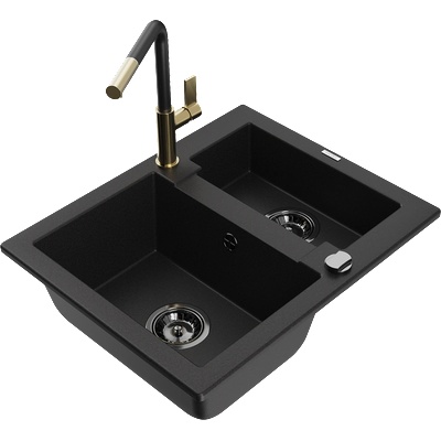 Mexen Carlos композитна мивка 1, 5-камерна със смесител Flora, черна - 6518-77-670401-57-B (6518-77-670401-57-B)