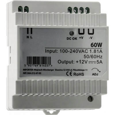 BERGE LED zdroj na DIN lištu 12V - 60W - 5A PS-DIN-12V-60W