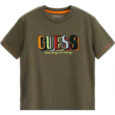 GUESS Tениска с къс ръкав в зелено за момче с многоцветен надпис Guess