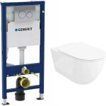 Rune Комплект казанче за WC с вграждаща рамка Geberit Duofix, комплект за фиксиране и хромиран бутон Delta20, плюс бяла тоалетна чиния Rune Ivaldi Grande с тънък капак softclose (458.134.21.3+5940541334477