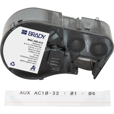 Brady M4C-250-414 / 170727, 6.35 mm x 3.66 m, Полиестер, черен печат / бял фон (170727)