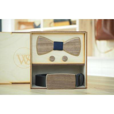 Wood Style Set Kulatý Modrotisk opasek motýlek a manžetové knoflíčky Hnědá Ořech americký