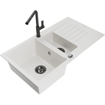 Mexen Matias гранитна мивка с 1, 5 отделения с отцедник и кухненски смесител Flora, бял - 6502-20-670401-70-B (6502-20-670401-70-B)