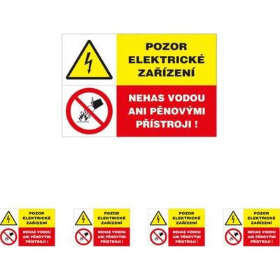 Walteco Pozor, elektrické zařízení/Nehas vodou ani pěnovými přístroji, 80x50mm, samolepka Množství: 5 ks , 20082BP1