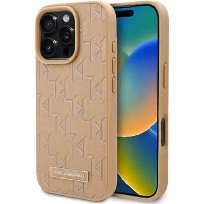 KARL LAGERFELD Калъф с кожен монограм и метално лого на Karl Lagerfeld MagSafe за iPhone 16 Pro - бежов (3666339318581)