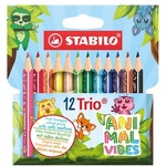 STABILO Комплект цветни моливи, триъгълни, дебели, STABILO "Trio Thick Short Animal Vibes", 12 различни цвята (205/12-05)