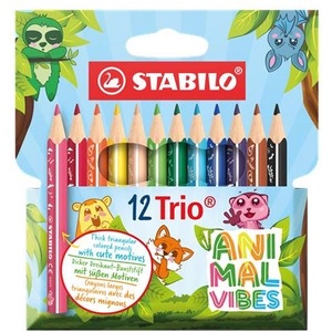 STABILO Комплект цветни моливи, триъгълни, дебели, STABILO "Trio Thick Short Animal Vibes", 12 различни цвята (205/12-05)