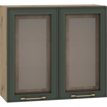 Image 1 of ЕВРОМАР Кухненски шкаф за горен ред с две врати витрина parma В80/72 тъмнозелено/дъб артизан
