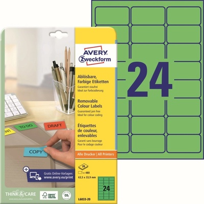 Avery Zweckform L6033-20 Barevné snímatelné etikety 63,5x33,9 mm 480 ks zelené