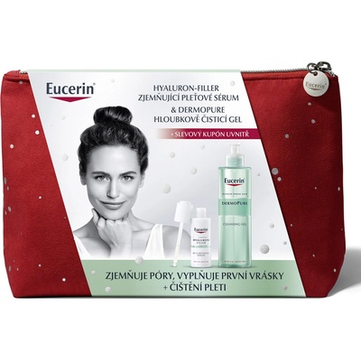 Eucerin dárková sada pleťové péče: Čisticí gel pro problematickou pleť DermoPure 400 ml + Zjemňující pleťové sérum Hyaluron Filler 30 ml + taštička