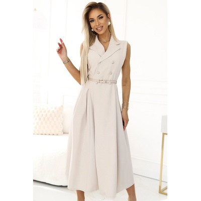 Numoco Елегантна миди рокля със златни копчета и колан - бежова Numoco numoco | Bezhov | ЖЕНИ | ЕДИН РАЗМЕР