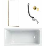 Geberit Комплект за правоъгълна вана Geberit Selnova бял 80x140 см, параван за вана Rea Elegant 80x140 см златен, сифон за вана и капак за сифон (554.386.01.1+5902557355877+58140180+58185990)