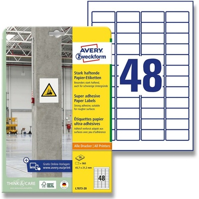 Avery Zweckform L7873-20 etikety s vysokou lepivostí 45,7 x 21,2 mm 960 etiket bílé