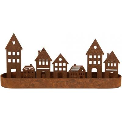 Rezavá dekorace svícen s domečky - 30*8*13 cm - Clayre & Eef