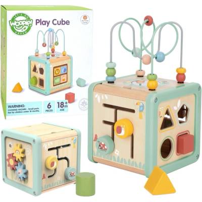 GREEN Wooden Activity Cube Multifunkčná vzdelávacia triedička tvarov