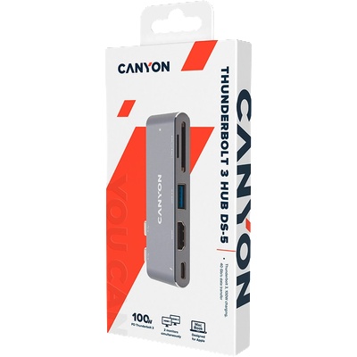 CANYON USB хъб CANYON DS-5, Multiport Docking Station with 5 port, with Thunderbolt 3 Dual type C male port, 1*Thunderbolt 3 female+1*HDMI+1*USB3.0+1*SD+1*TF. Input 100-240V, Output USB-C PD100W&USB-A 5V/1A, Aluminium alloy, Space gray, 90*41*11mm, 0.04kg
